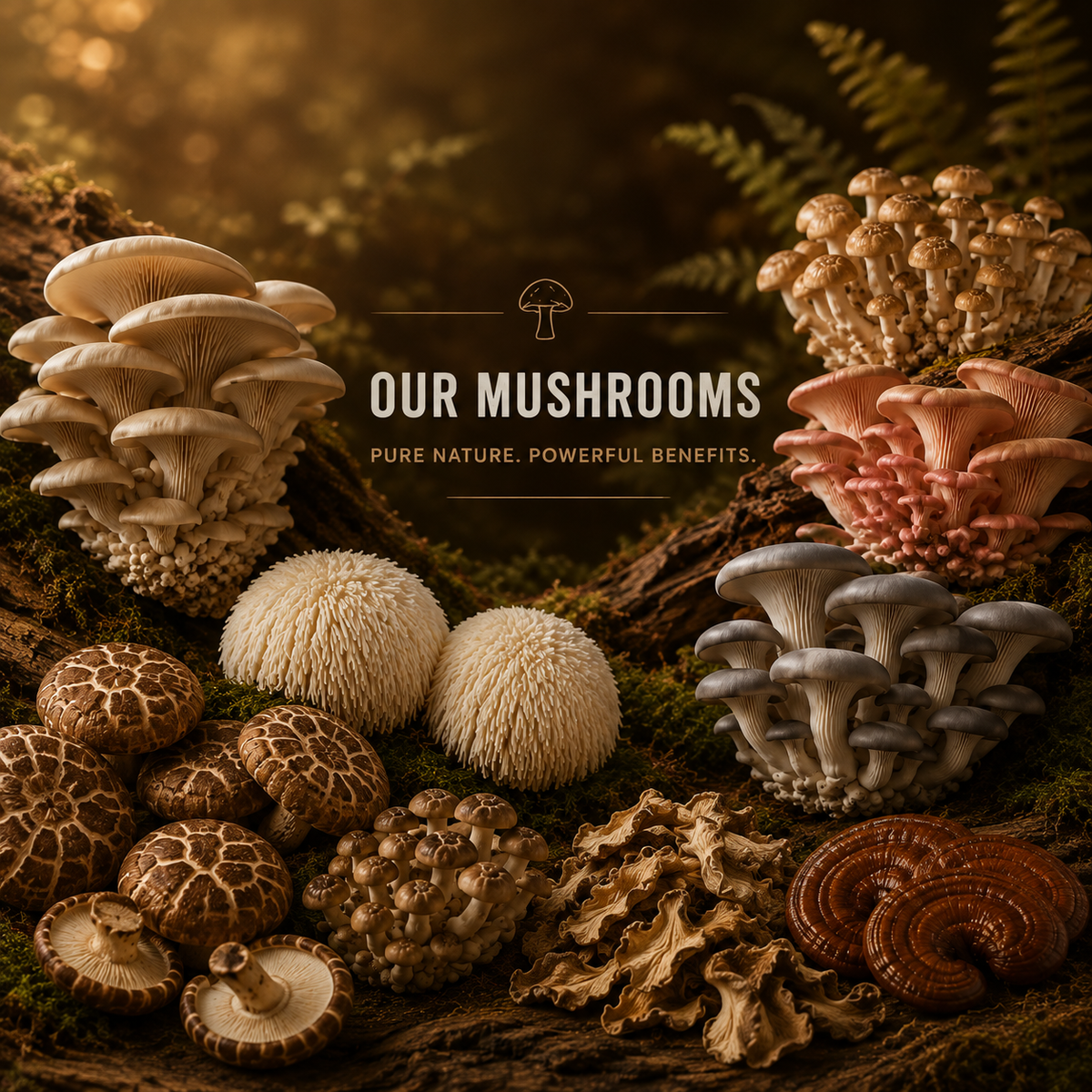 Mushroom products collection with Lion’s Mane, Shiitake and Oyster Mushrooms